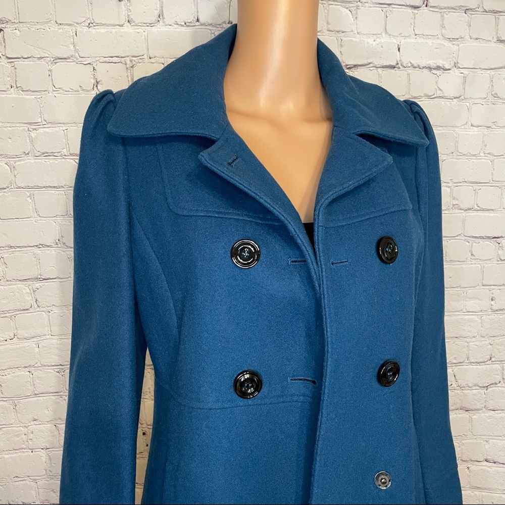 Maralyn & me size petite medium Wool Blue Trench Coat w/Black Buttons